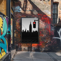 Minimalist Urban Skyline with Red Light Pop Culture Poster PosterGoat