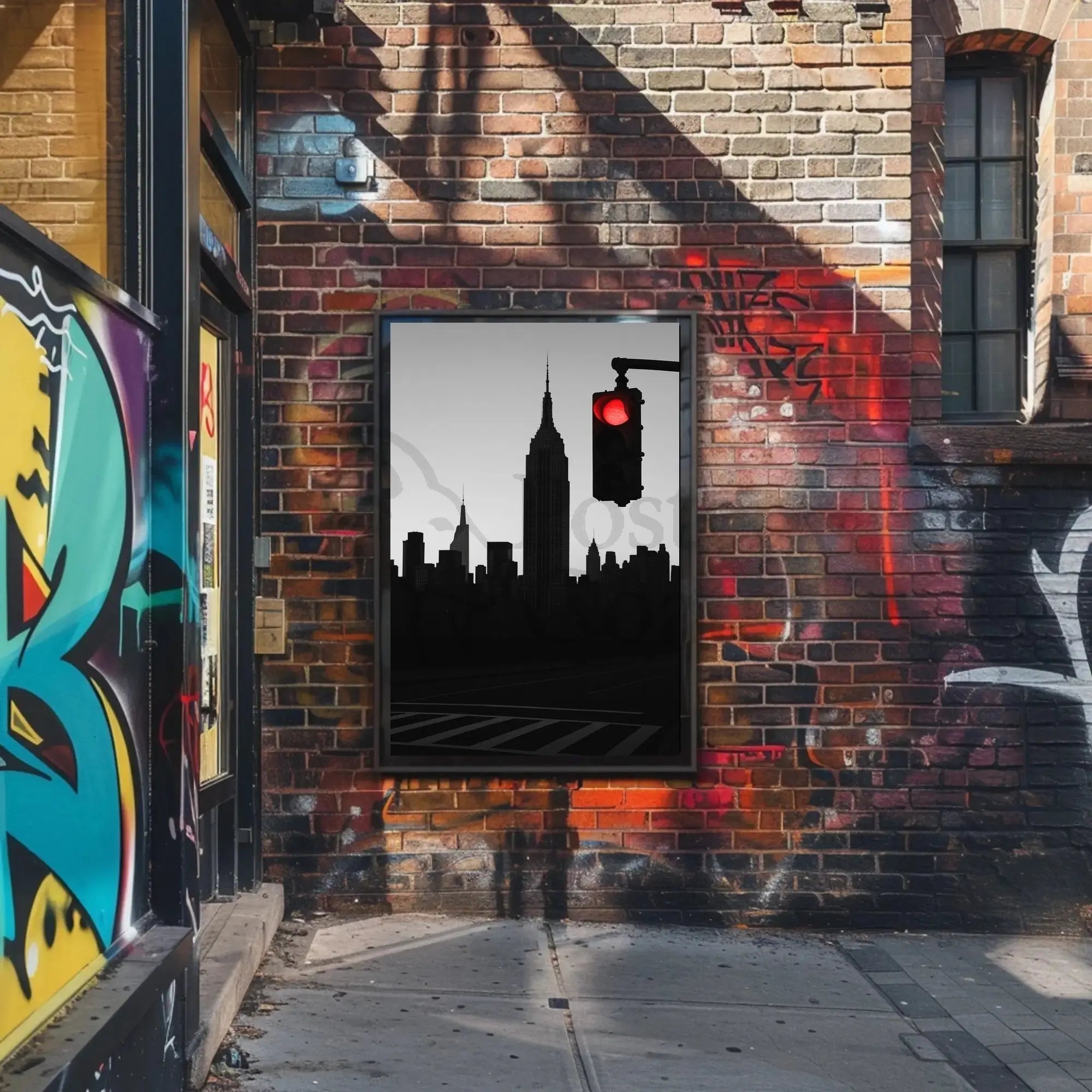Minimalist Urban Skyline with Red Light Pop Culture Poster PosterGoat