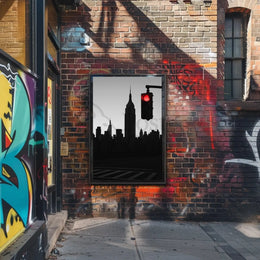 Minimalist Urban Skyline with Red Light Pop Culture Poster PosterGoat