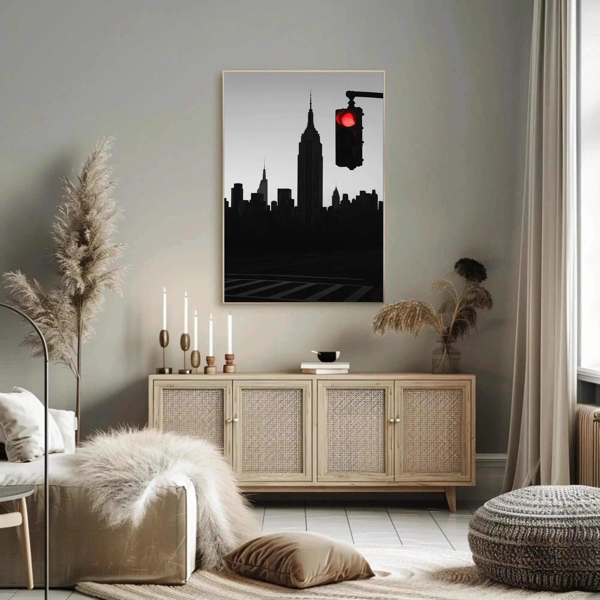 Minimalist Urban Skyline with Red Light Pop Culture Poster PosterGoat