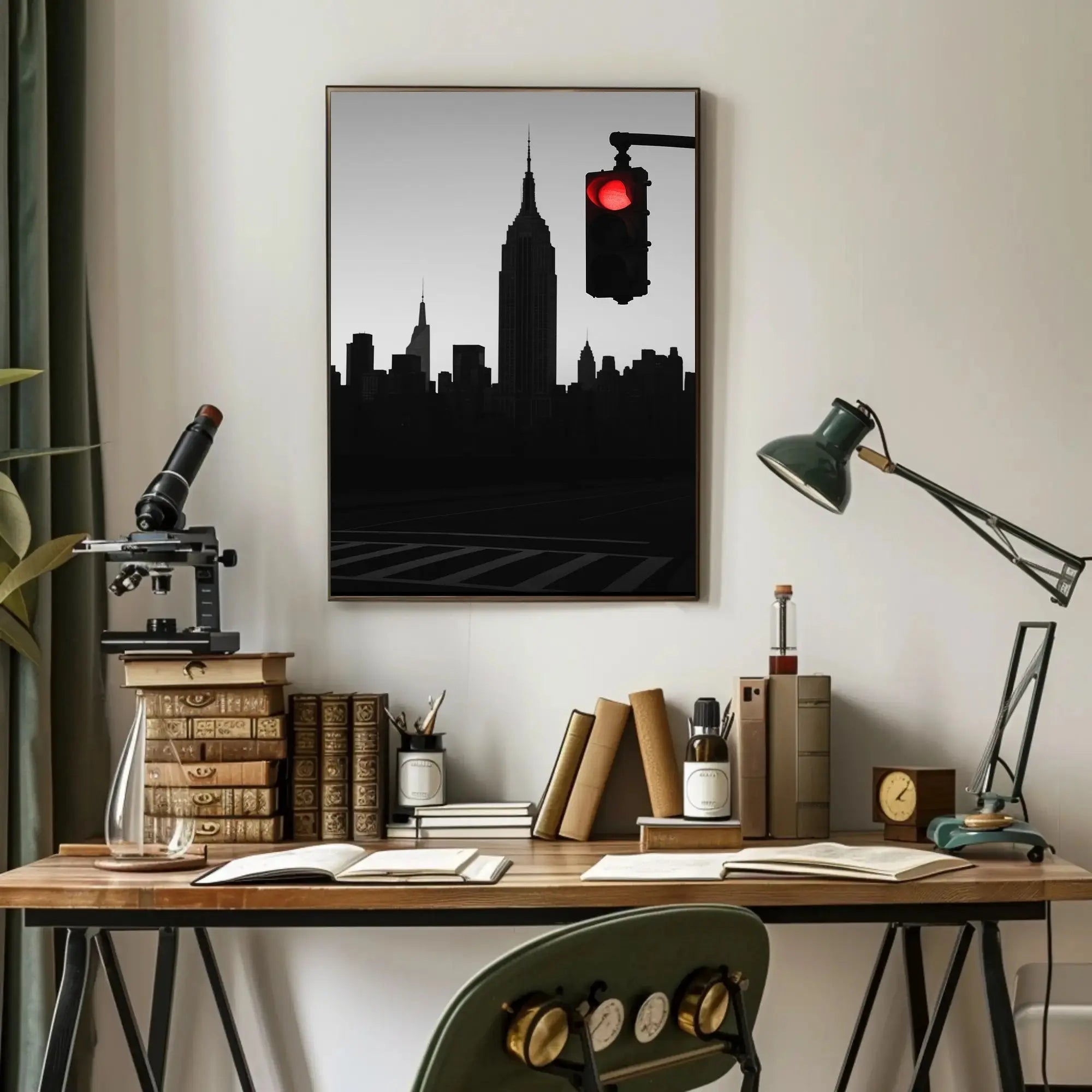 Minimalist Urban Skyline with Red Light Pop Culture Poster PosterGoat