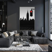 Minimalist Urban Skyline with Red Light Pop Culture Poster PosterGoat