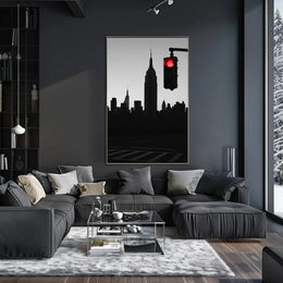 Minimalist Urban Skyline with Red Light Pop Culture Poster PosterGoat
