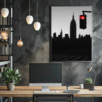 Minimalist Urban Skyline with Red Light Pop Culture Poster PosterGoat