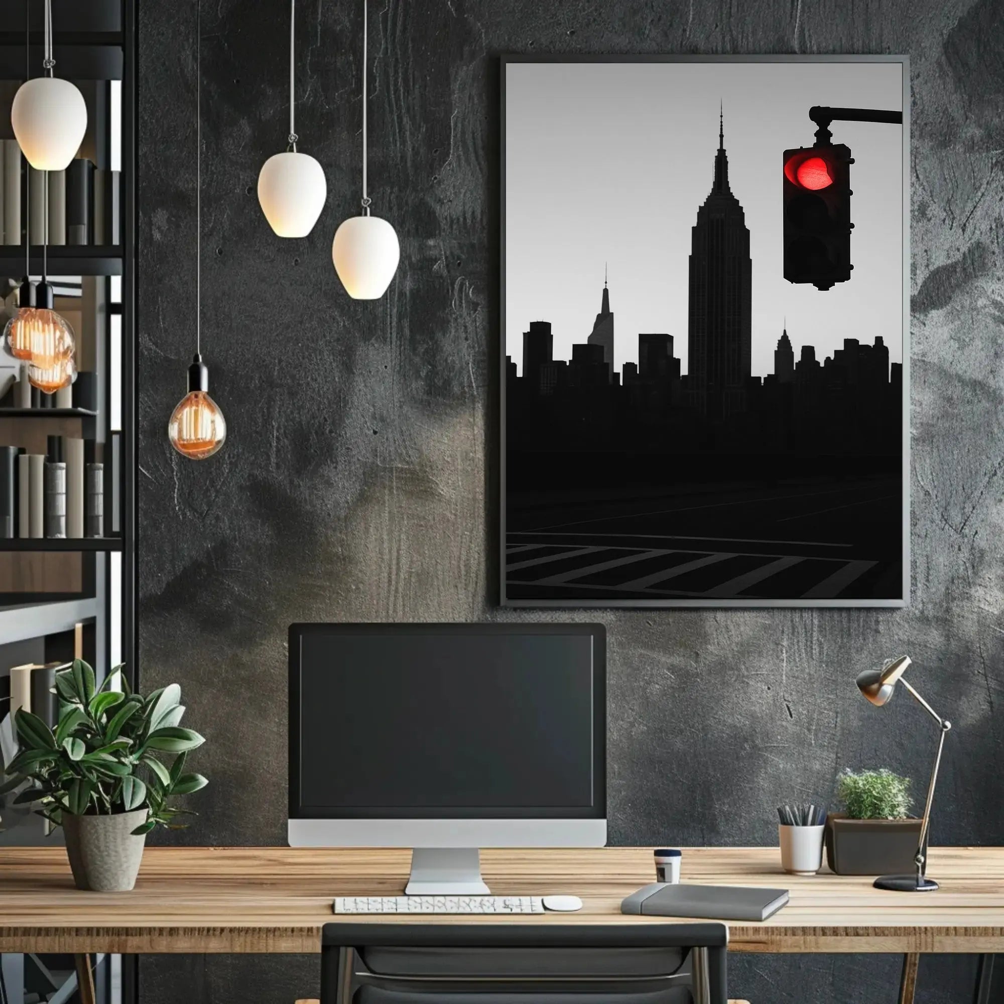 Minimalist Urban Skyline with Red Light Pop Culture Poster PosterGoat