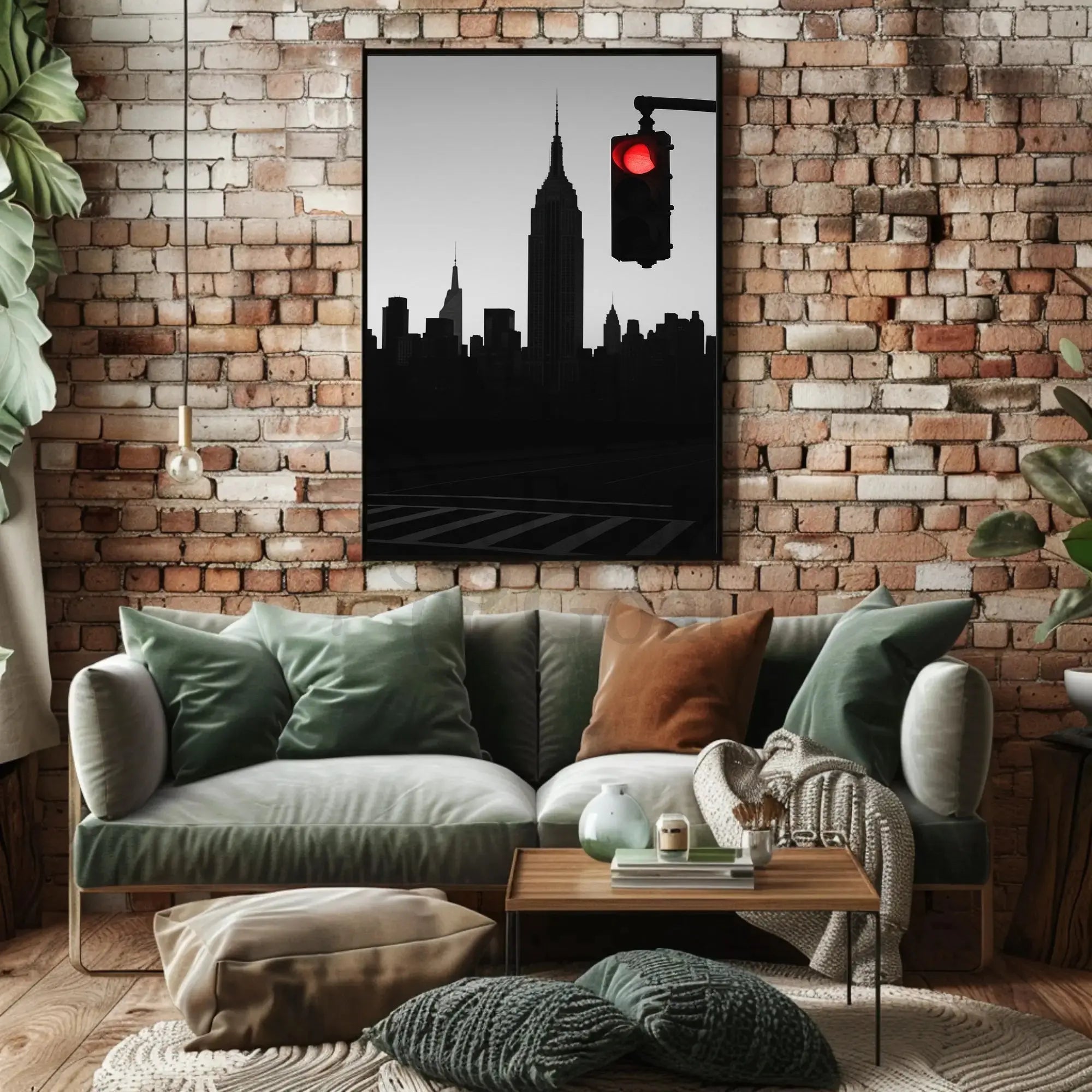 Minimalist Urban Skyline with Red Light Pop Culture Poster PosterGoat