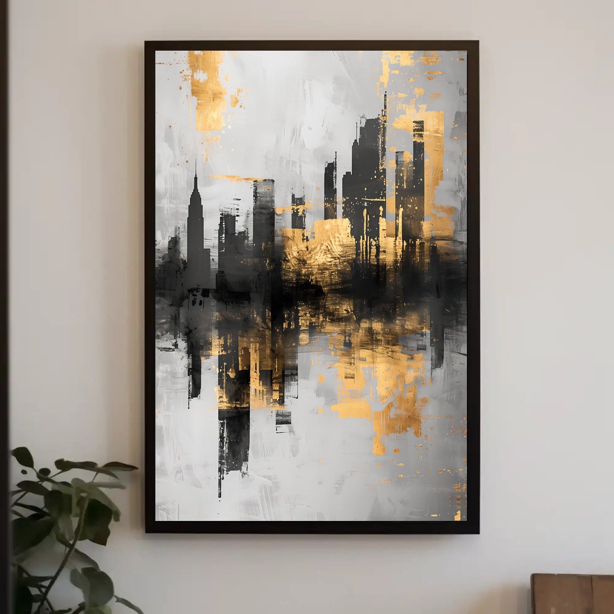 Modern City Skyline with Gold Accents Urban or Cityscape Poster PosterGoat