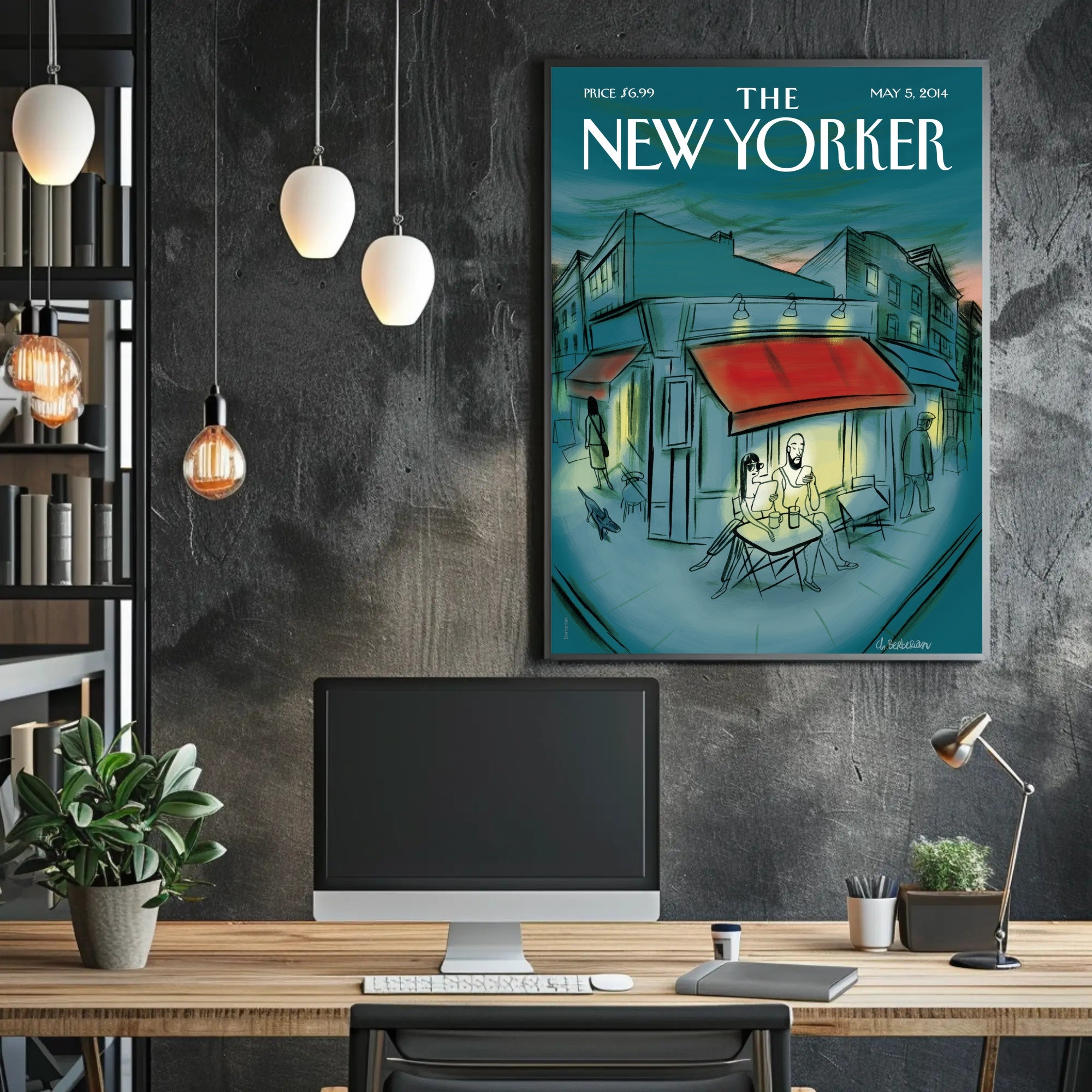 Modern City Street Cafe Scene - Travel Poster PosterGoat