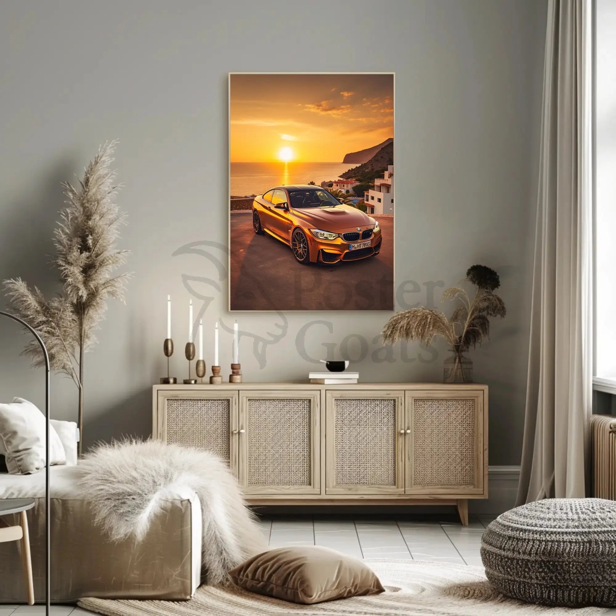 Modern Luxury Car Coastal Sunset Artistic, Pop Culture Poster PosterGoat