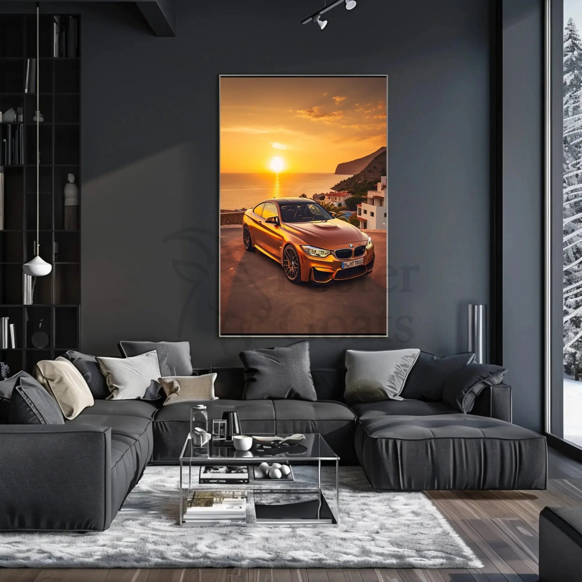 Modern Luxury Car Coastal Sunset Artistic, Pop Culture Poster PosterGoat