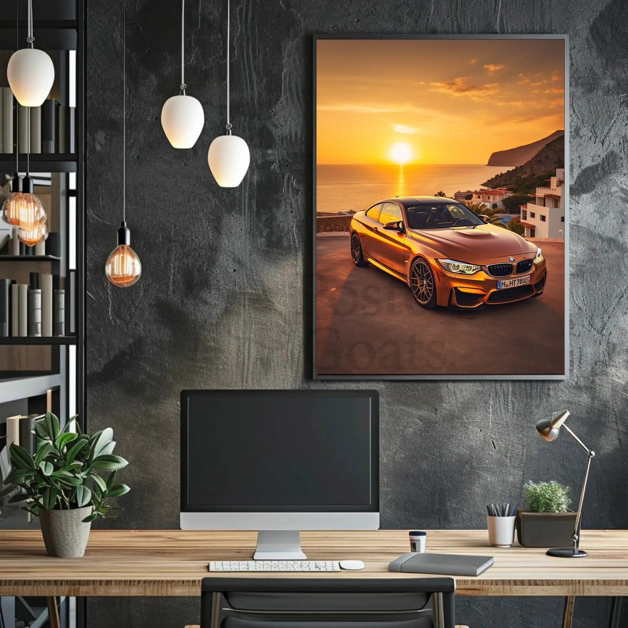 Modern Luxury Car Coastal Sunset Artistic, Pop Culture Poster PosterGoat