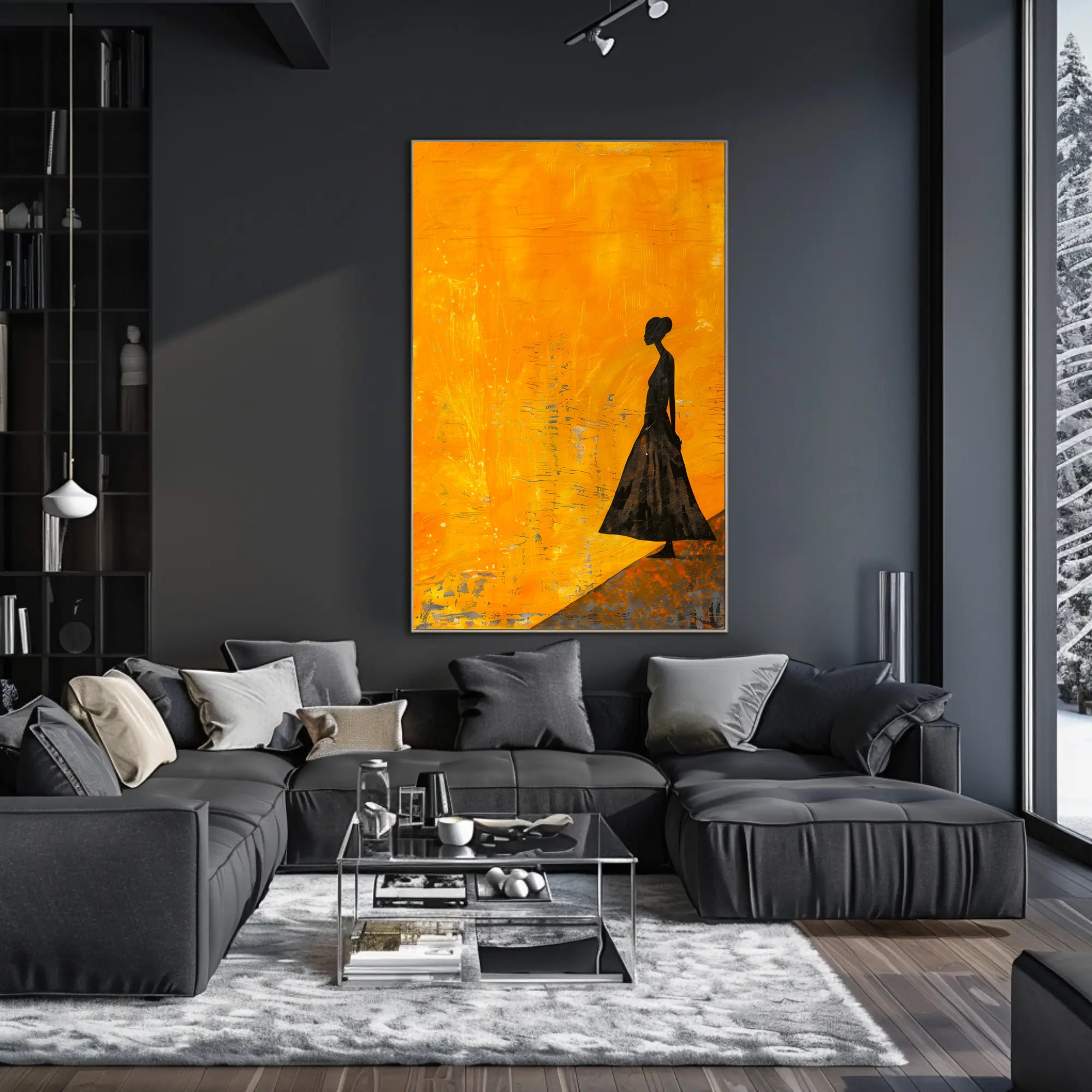 Modern Silhouette Woman on Orange Abstract Artistic Poster PosterGoat