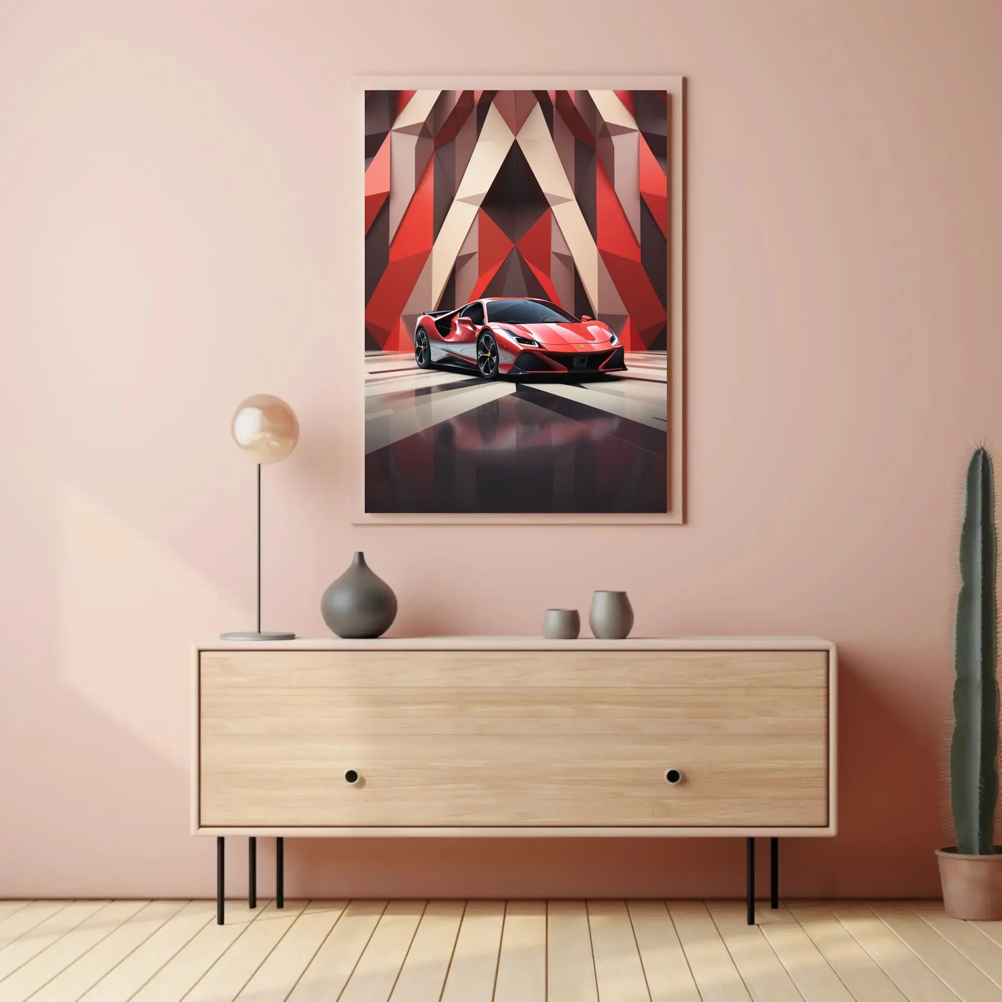 Modern Sports Car in Geometric Background Artistic Poster PosterGoat