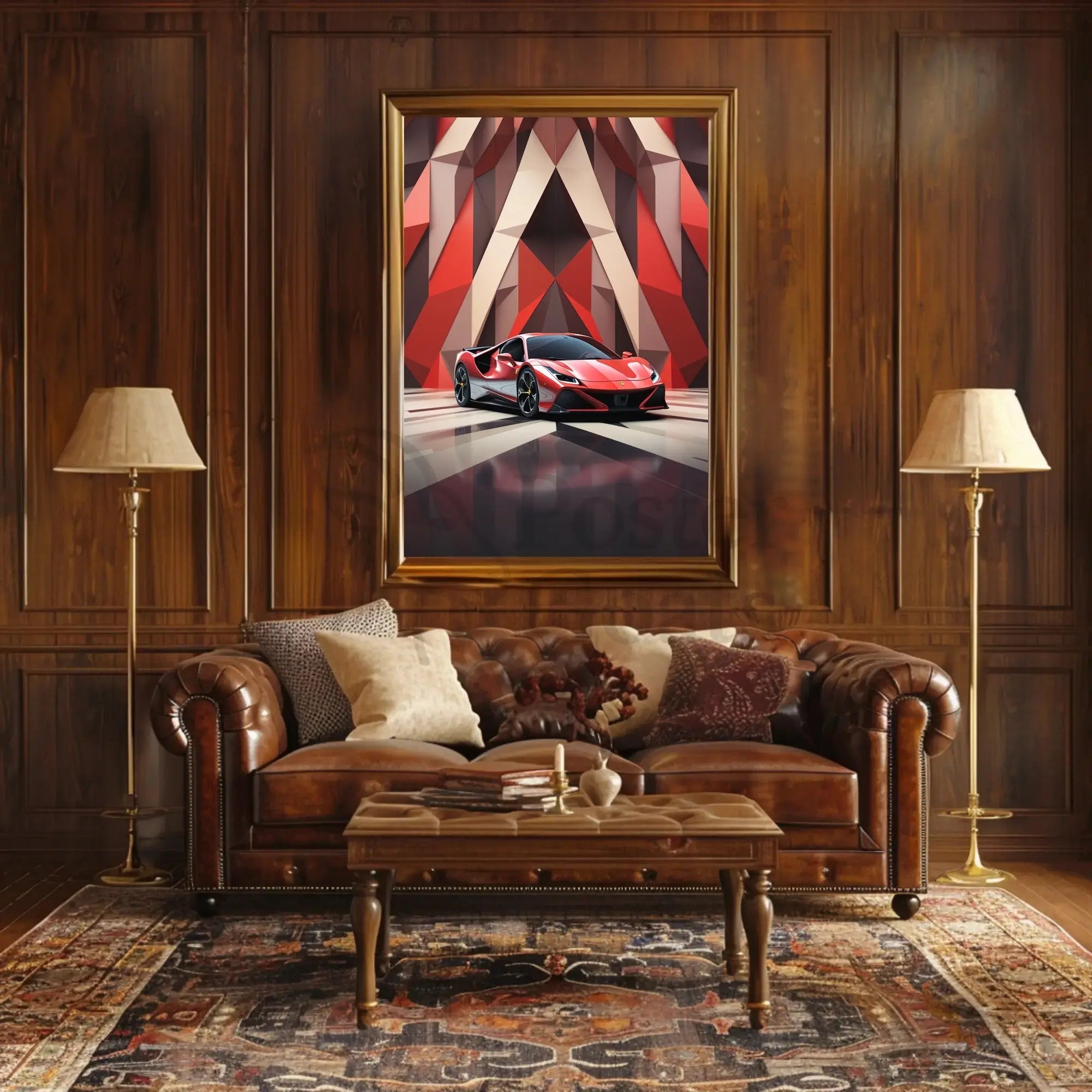 Modern Sports Car in Geometric Background Artistic Poster PosterGoat
