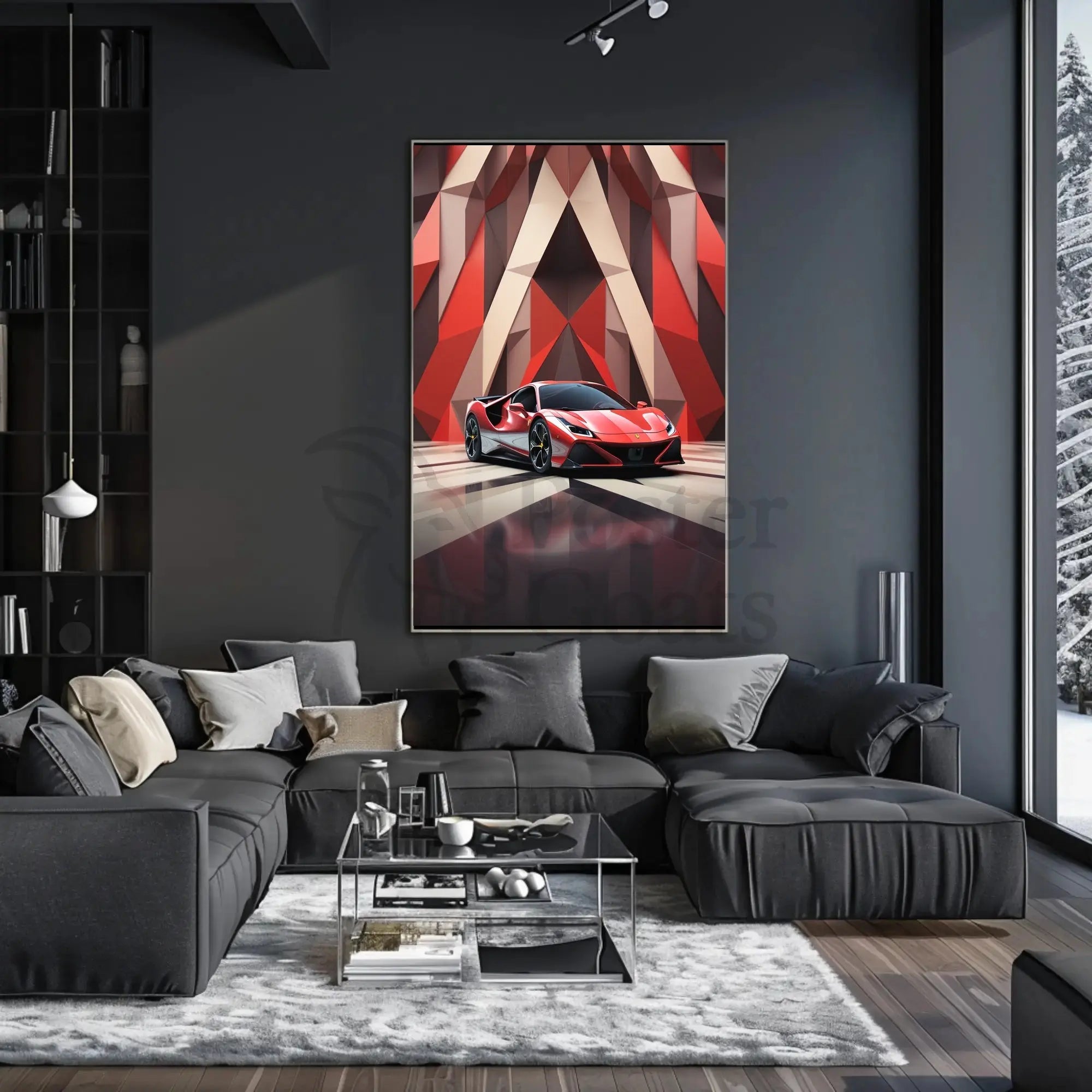 Modern Sports Car in Geometric Background Artistic Poster PosterGoat