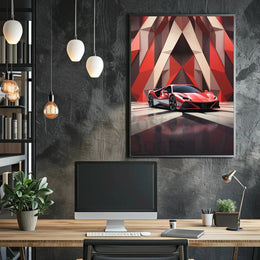 Modern Sports Car in Geometric Background Artistic Poster PosterGoat