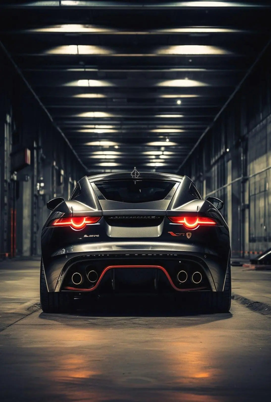 Modern Sports Car in Industrial Garage: Futuristic Sci-Fi Poster PosterGoat