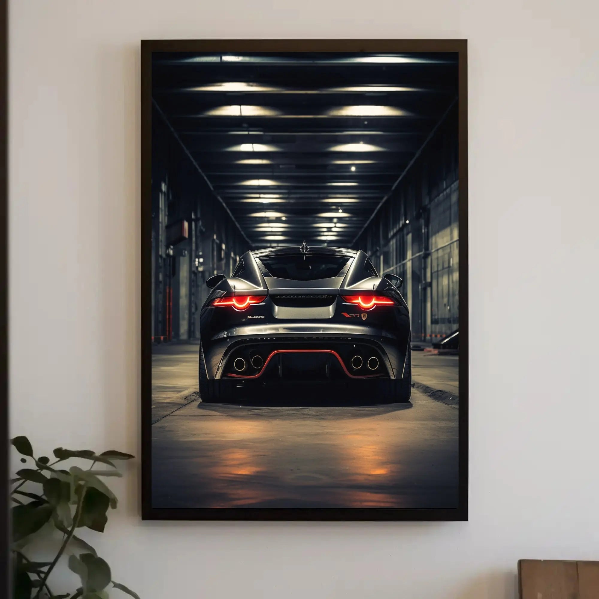 Modern Sports Car in Industrial Garage: Futuristic Sci-Fi Poster PosterGoat