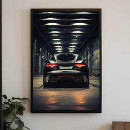 Modern Sports Car in Industrial Garage: Futuristic Sci-Fi Poster PosterGoat