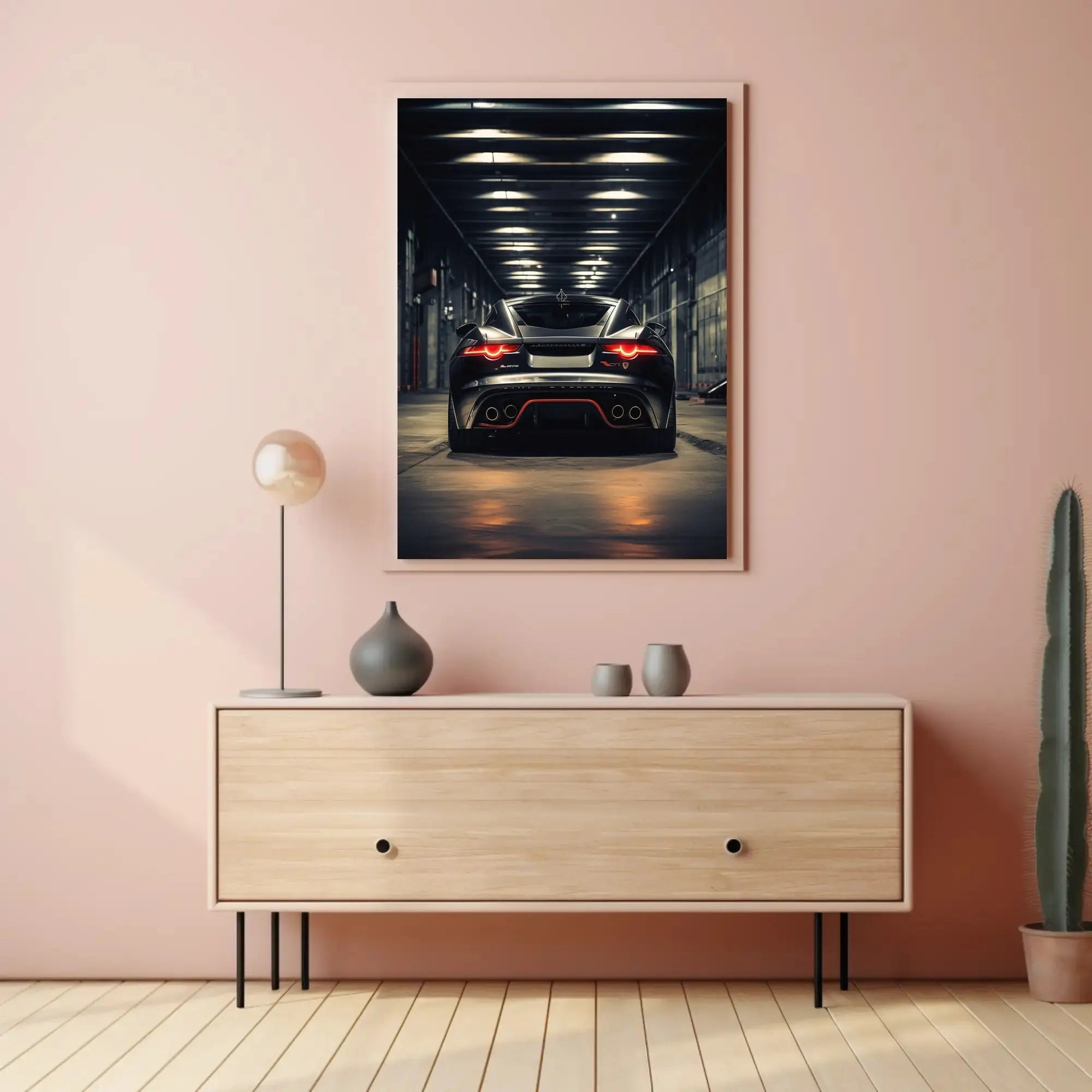 Modern Sports Car in Industrial Garage: Futuristic Sci-Fi Poster PosterGoat