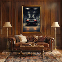 Modern Sports Car in Industrial Garage: Futuristic Sci-Fi Poster PosterGoat