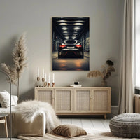 Modern Sports Car in Industrial Garage: Futuristic Sci-Fi Poster PosterGoat