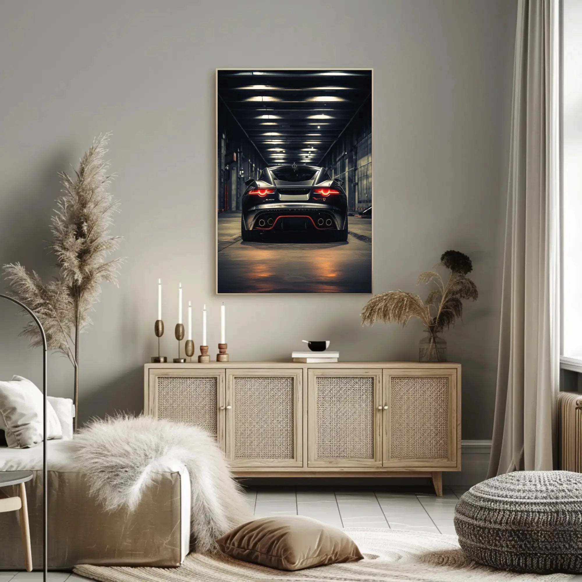 Modern Sports Car in Industrial Garage: Futuristic Sci-Fi Poster PosterGoat