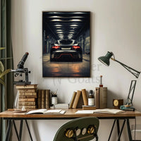 Modern Sports Car in Industrial Garage: Futuristic Sci-Fi Poster PosterGoat
