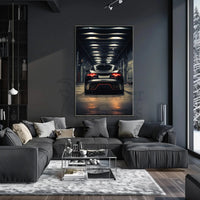 Modern Sports Car in Industrial Garage: Futuristic Sci-Fi Poster PosterGoat