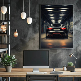 Modern Sports Car in Industrial Garage: Futuristic Sci-Fi Poster PosterGoat