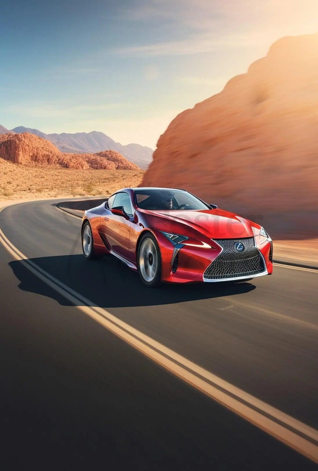 Modern Sports Car on a Desert Highway - Travel Poster PosterGoat