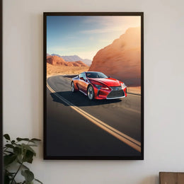 Modern Sports Car on a Desert Highway - Travel Poster PosterGoat