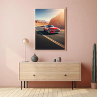 Modern Sports Car on a Desert Highway - Travel Poster PosterGoat