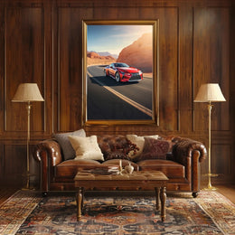 Modern Sports Car on a Desert Highway - Travel Poster PosterGoat