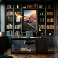 Modern Sports Car on a Desert Highway - Travel Poster PosterGoat