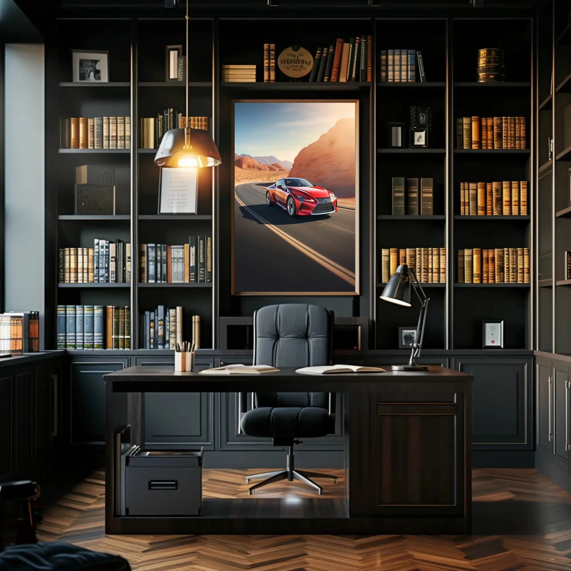 Modern Sports Car on a Desert Highway - Travel Poster PosterGoat