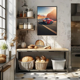Modern Sports Car on a Desert Highway - Travel Poster PosterGoat