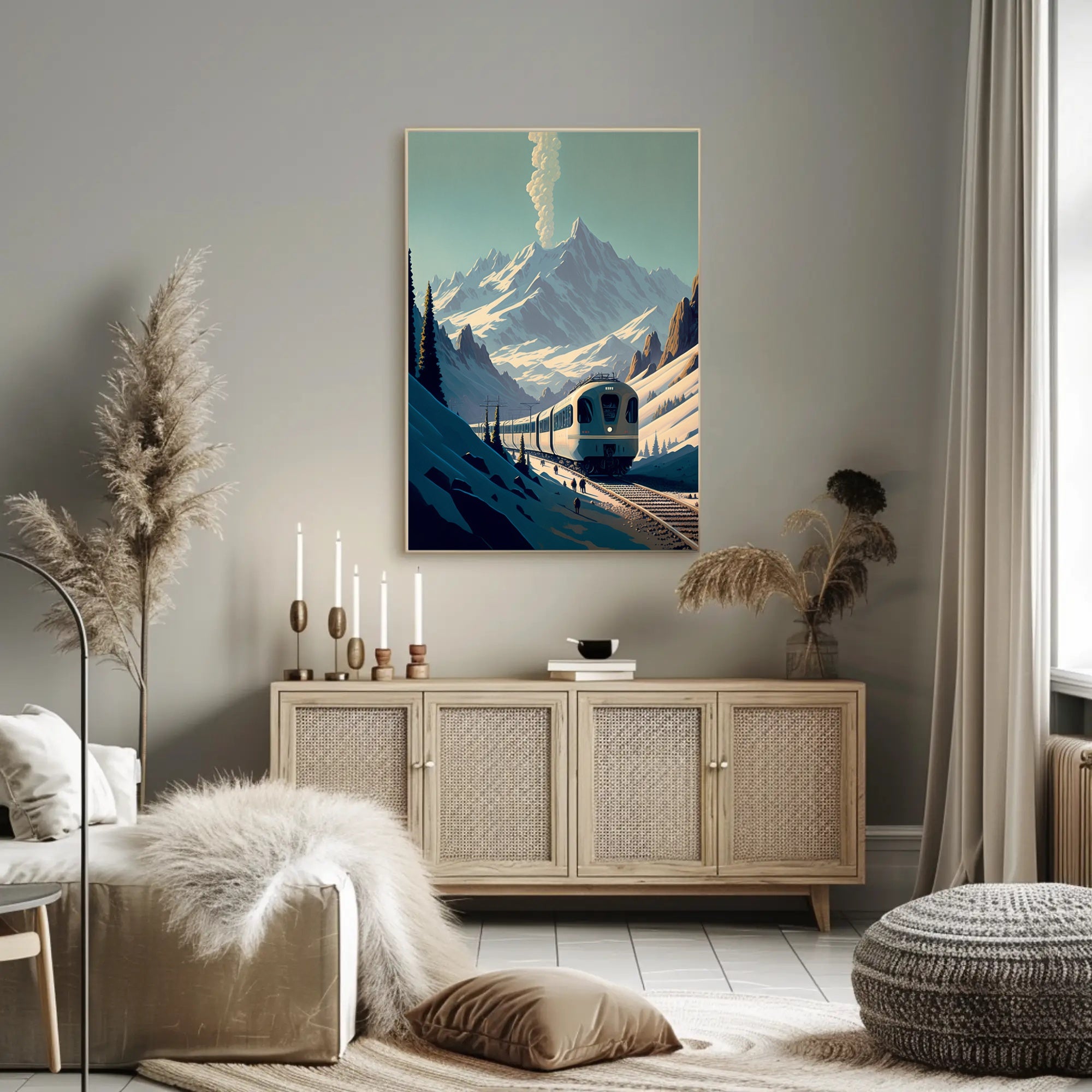 Modern Train in Serene Alpine Travel Poster PosterGoat