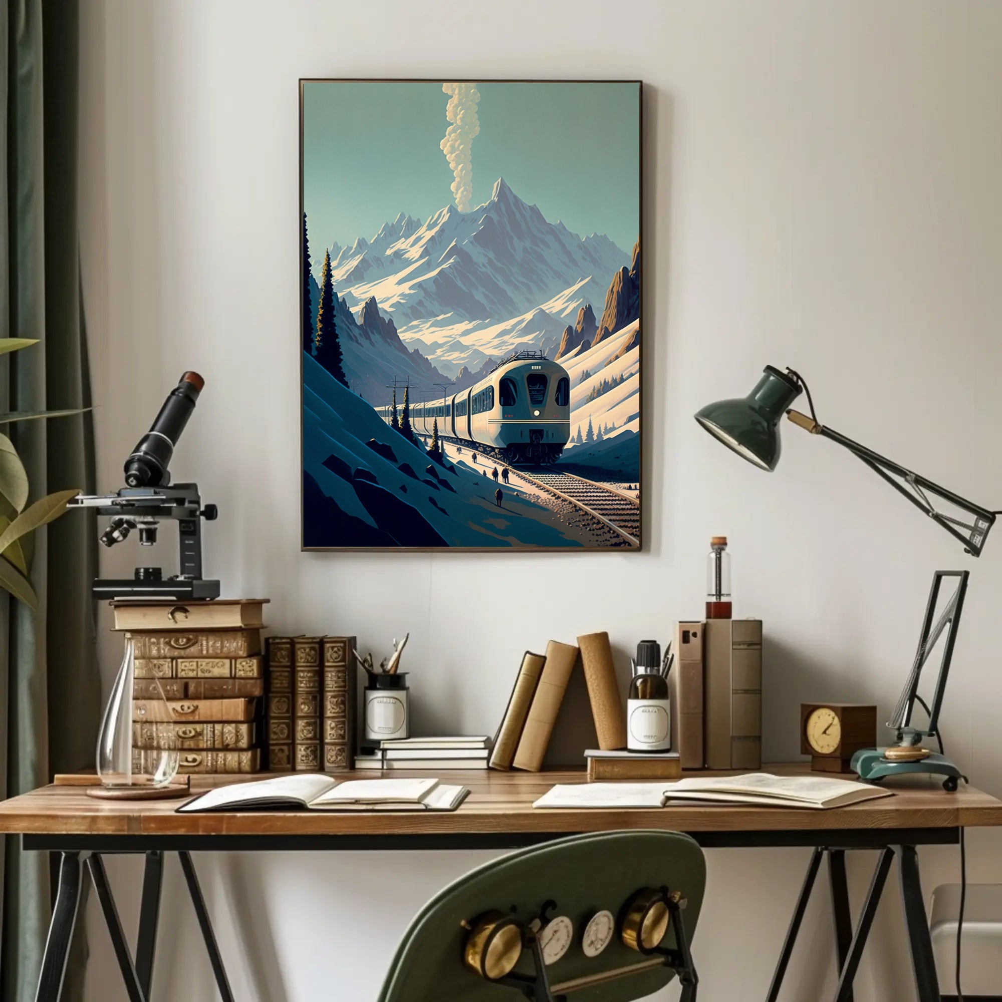 Modern Train in Serene Alpine Travel Poster PosterGoat