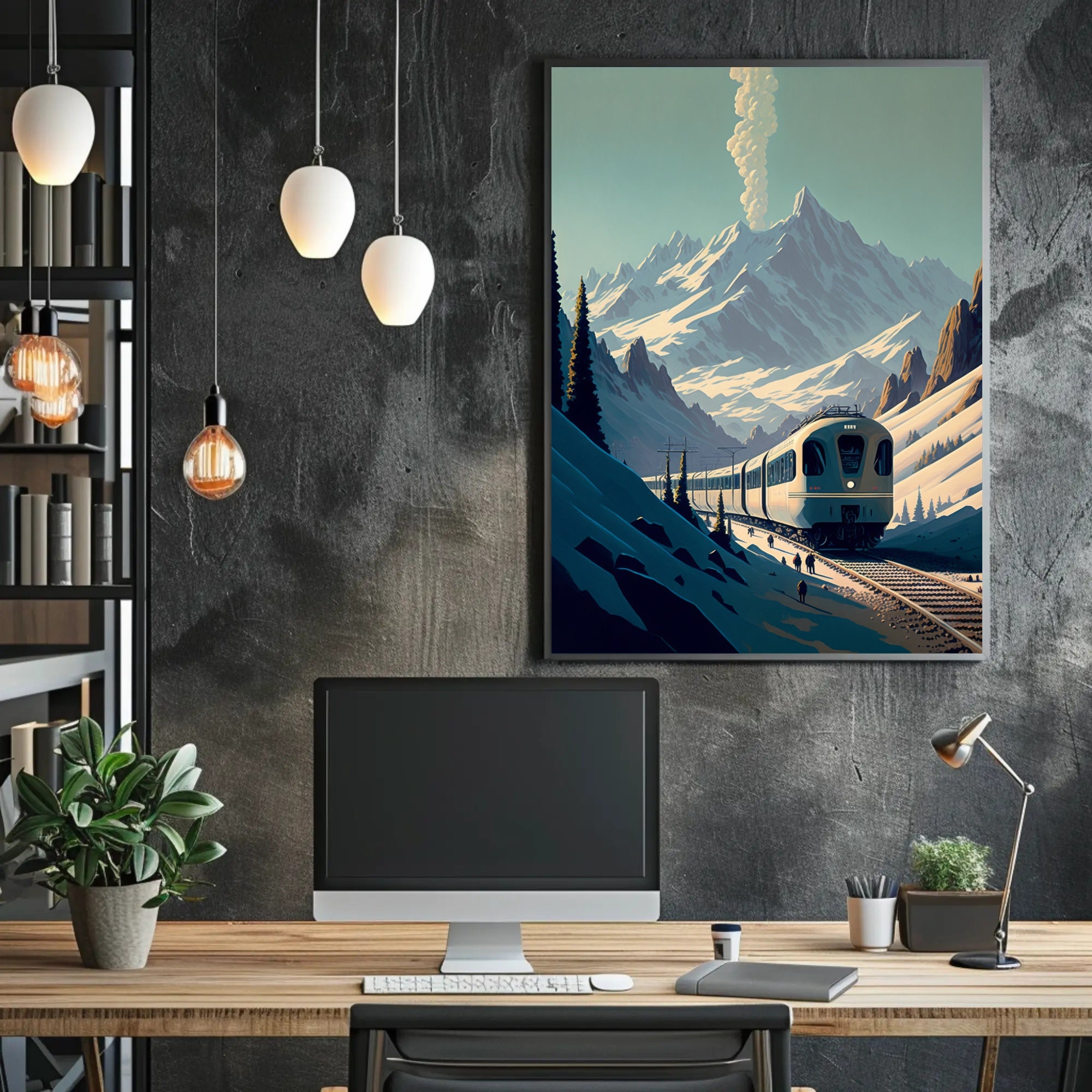 Modern Train in Serene Alpine Travel Poster PosterGoat