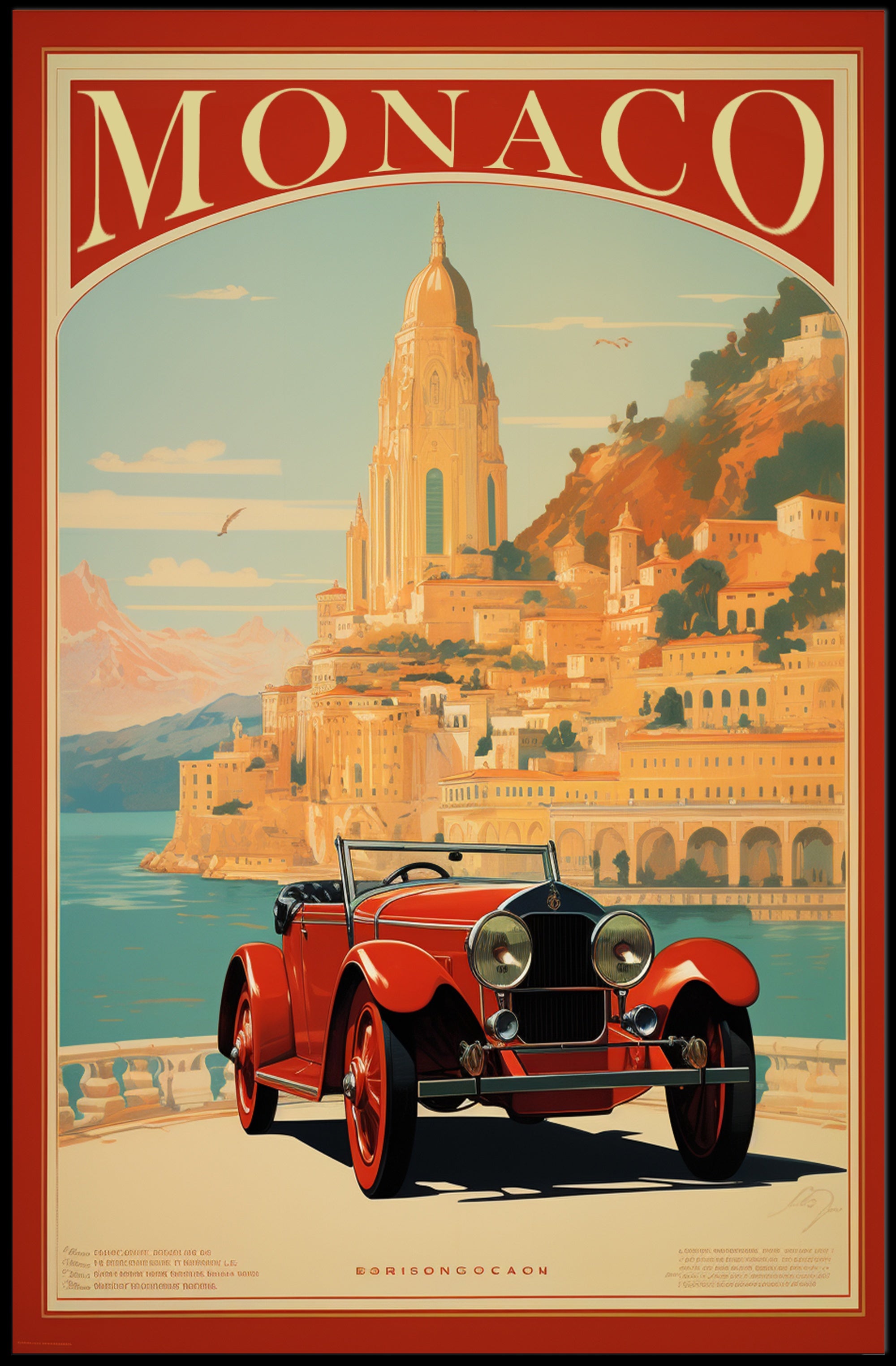 Monaco Vintage Travel Poster with Luxury Red Car PosterGoat