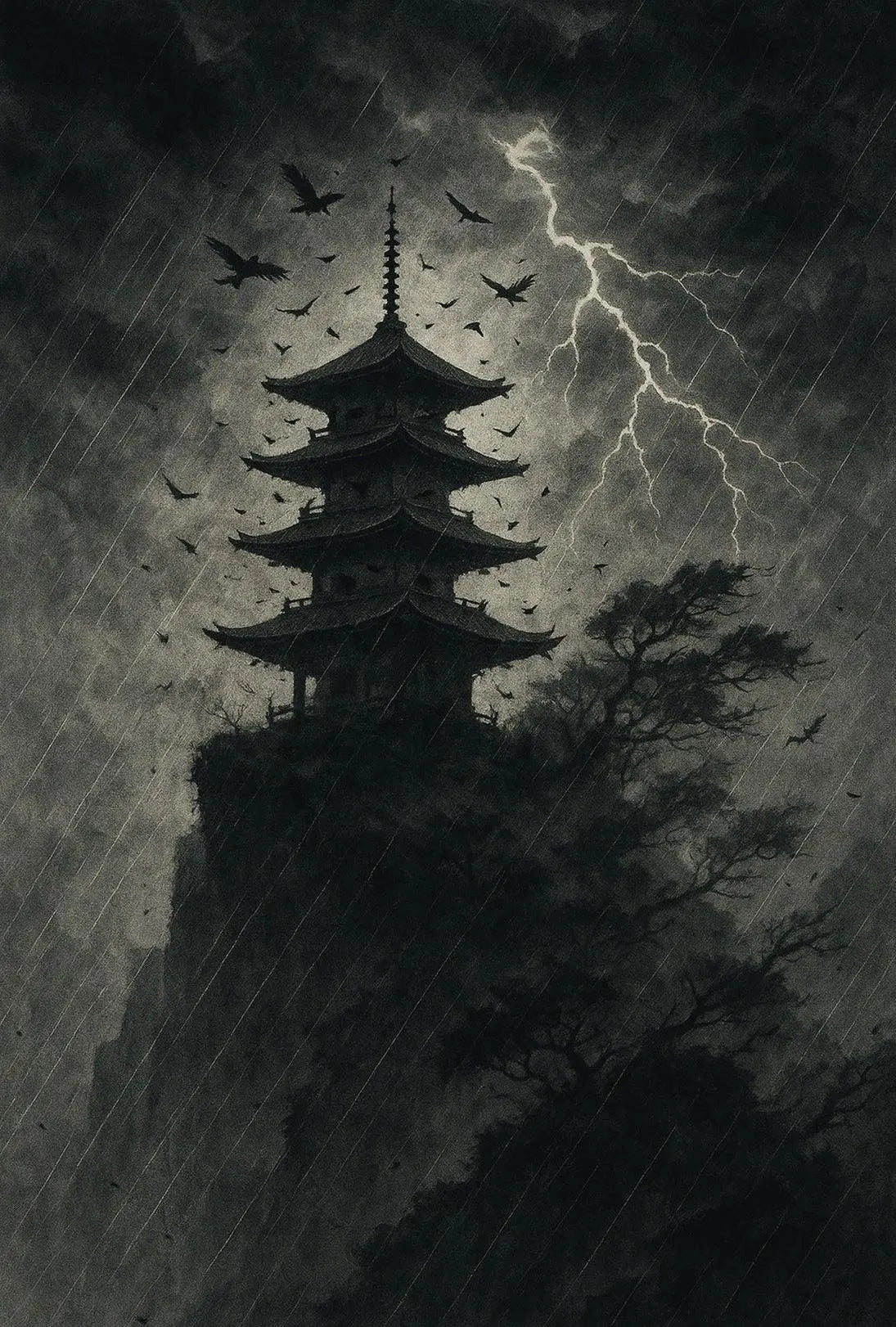 Monochromatic Gothic Pagoda Scene Cultural or Heritage Poster PosterGoat