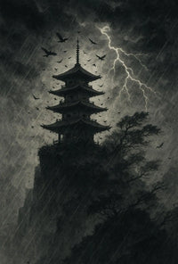 Monochromatic Gothic Pagoda Scene Cultural or Heritage Poster PosterGoat