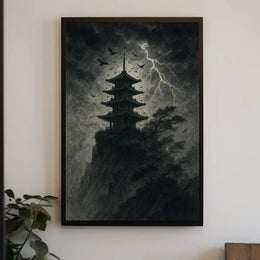 Monochromatic Gothic Pagoda Scene Cultural or Heritage Poster PosterGoat