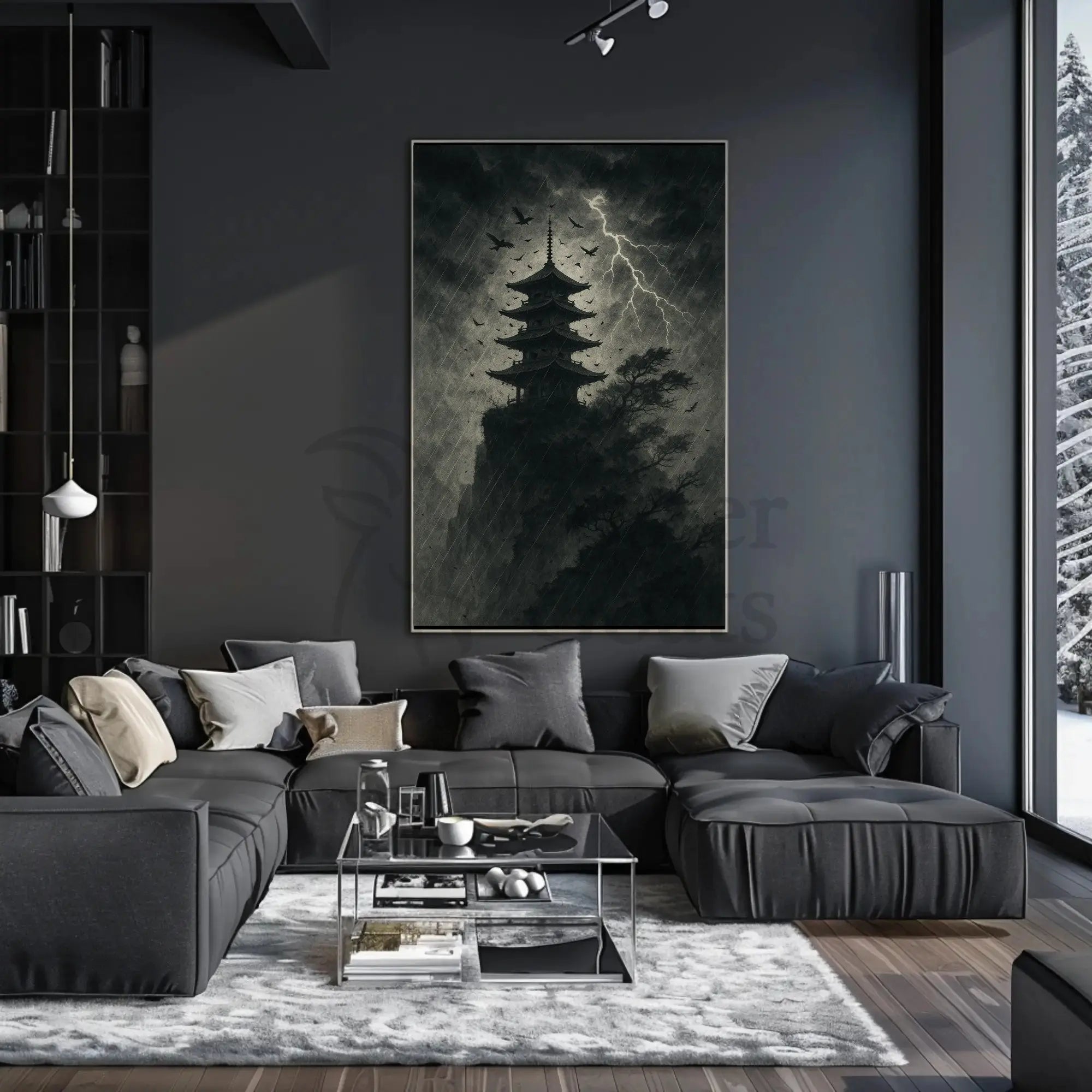 Monochromatic Gothic Pagoda Scene Cultural or Heritage Poster PosterGoat