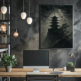 Monochromatic Gothic Pagoda Scene Cultural or Heritage Poster PosterGoat