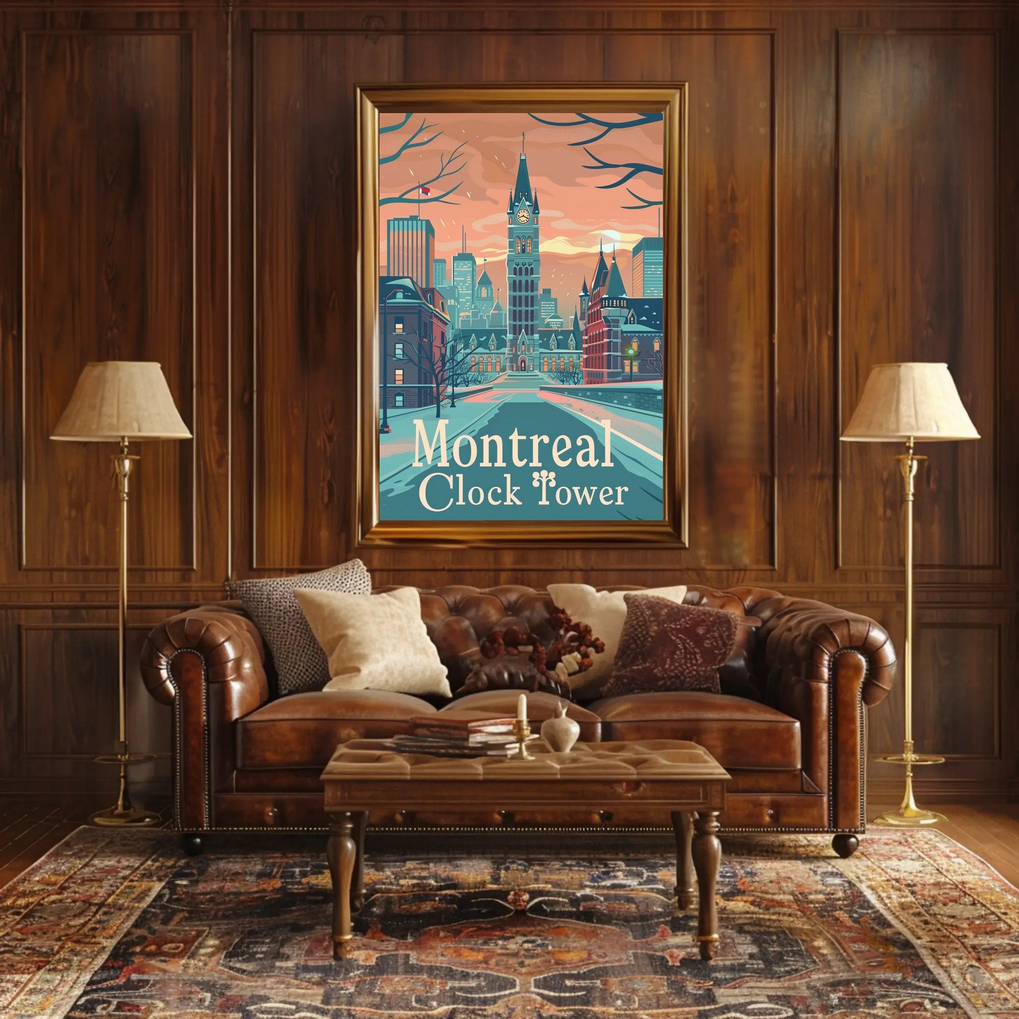 Montreal Clock Tower: Vintage Winter Travel Poster PosterGoat