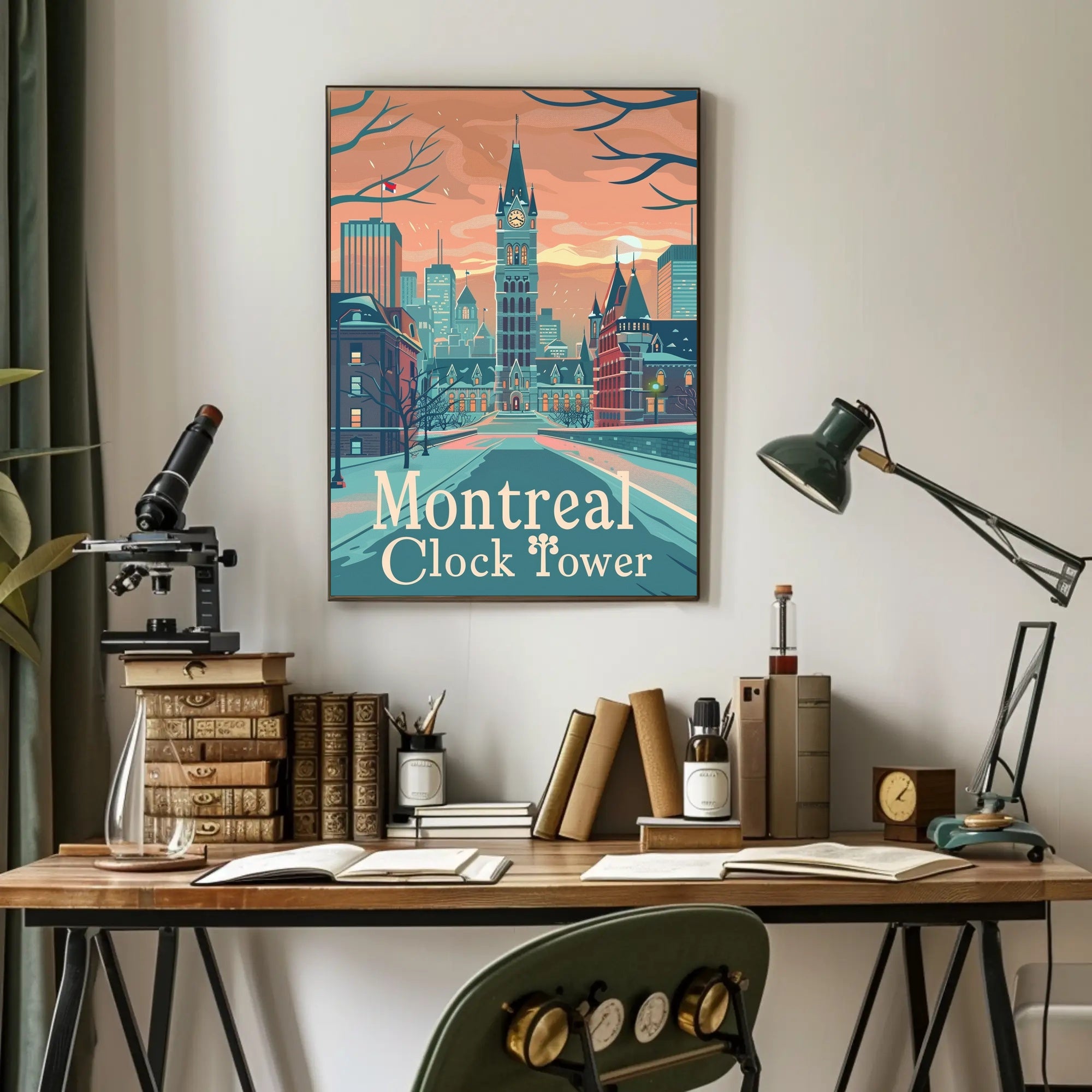 Montreal Clock Tower: Vintage Winter Travel Poster PosterGoat