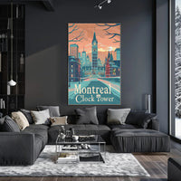 Montreal Clock Tower: Vintage Winter Travel Poster PosterGoat