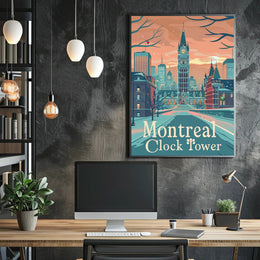 Montreal Clock Tower: Vintage Winter Travel Poster PosterGoat